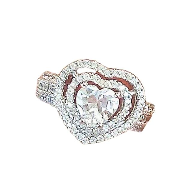 NEW Heart Ring Size 8 Silver 925 Simulated Diamonds Love Heart Wide Band Layered - Picture 3 of 14
